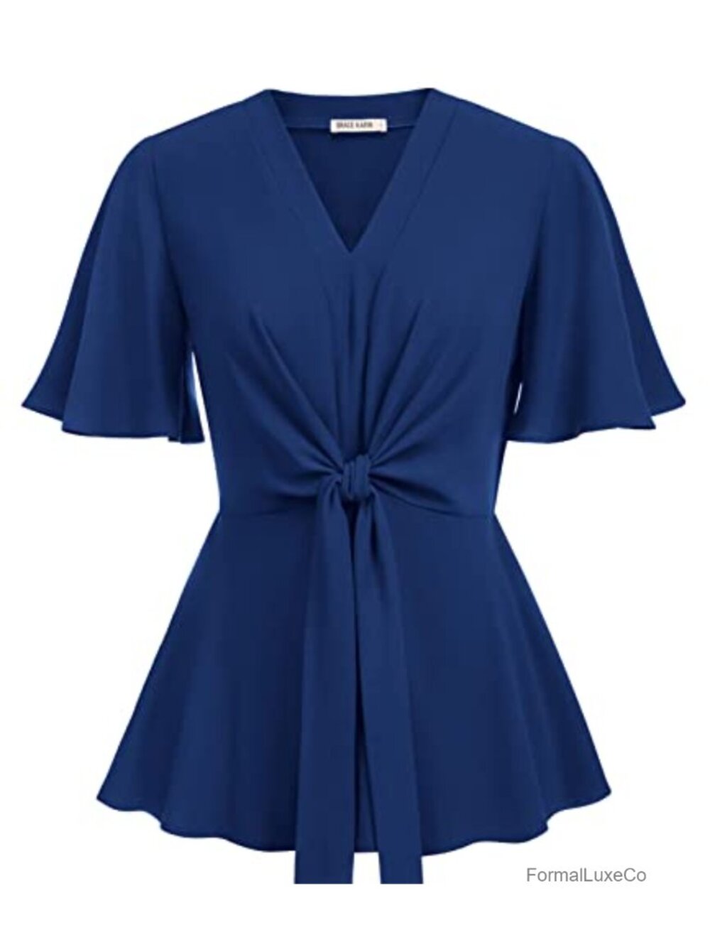 Elegant V-Neck Peplum Blouse with Tie Waist & Bell Sleeves